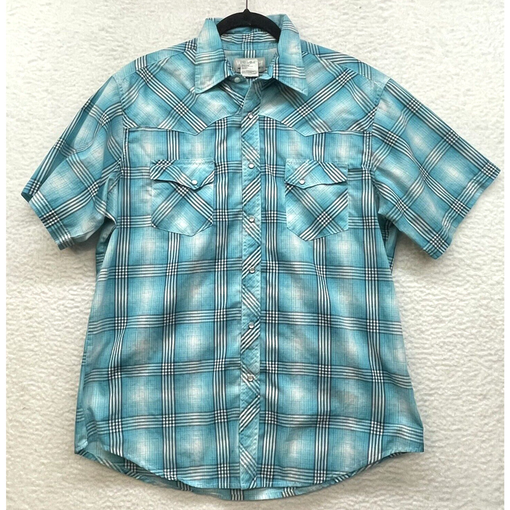 Wrangler Shirt Mens Large Blue Plaid Pearl Snap Button Down Western Wear Cowboy